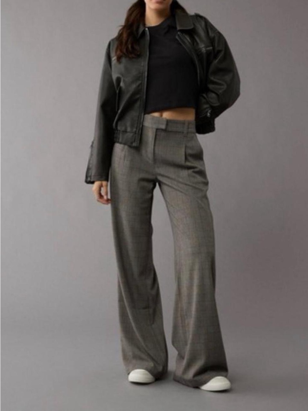 American Eagle Outfitters Gray Wide-Leg Plaid Trousers